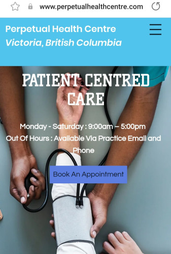 Perpetual Healthcare Clinic website front page. Info on their hours & book an appointment text is in photo.