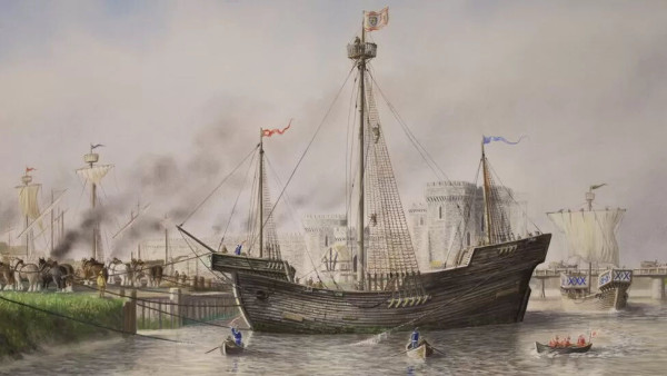 Reconstruction of the ship alongside a jetty, horses and small boats on hand to help with movement or cargo. In the background is Newport Castle.