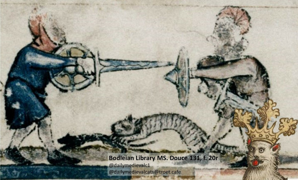 Picture from a medieval manuscript: Left and right a man with shield and sword. Between the two on the floor is a black and white striped cat catching a mouse.