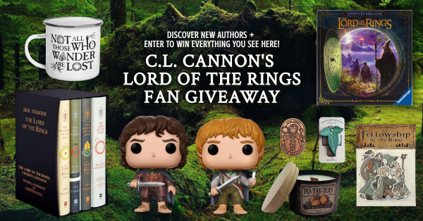 C.L. Cannon's Lord of the Rings Fan Giveaway! 
Discover new authors & Enter to Win!
https://clcannon.net/giveaways/ringers/
Images include prizes of:
Lord of the Rings Special Edition Box Set, Frodo and Sam Funko Pops, Not All Those Who Wander Are Lost camping mug, Po-tay-toes candle, The Lord of The Rings Adventure Book Game, Fellowship of the Ring sticker pack, Second Breakfast enamel pin, and Elven leaf bookmark!