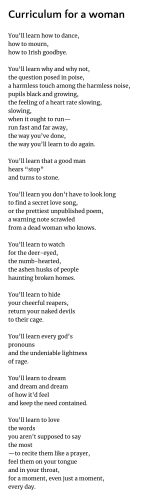 CURRICULUM FOR A WOMAN 

You’ll learn how to dance,
how to mourn, 
how to Irish goodbye. 

You’ll learn why and why not, 
the question posed in poise, 
a harmless touch among the harmless noise, 
pupils black and growing, 
the feeling of a heart rate slowing, 
slowing, 
when it ought to run—
run fast and far away, 
the way you’ve done, 
the way you’ll learn to do again. 

You’ll learn that a good man 
hears “stop” 
and turns to stone. 

You’ll learn you don’t have to look long 
to find a secret love song, 
or the prettiest unpublished poem, 
a warning note scrawled 
from a dead woman who knows. 

You’ll learn to watch
for the deer-eyed,
the numb-hearted,
the ashen husks of people
haunting broken homes. 

You’ll learn to hide 
your cheerful reapers, 
return your naked devils
to their cage. 

You’ll learn every god’s 
pronouns
and the undeniable lightness 
of rage. 

You'll learn to dream 
and dream and dream
of how it'd feel 
and keep the need contained. 

You'll learn to love 
the words
you aren't supposed to say
the most
—to recite them like a prayer, 
feel them on your tongue
and in your throat,
for a moment, even just a moment, 
every day. 
