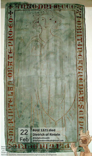 The picture shows a grave slab with a male figure with long hair (very faded).