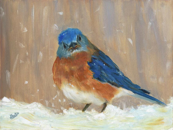 Painting of a close-up view of a bluebird in snow which also gently falls, against a neutral background of light browns and blues. The bird faces front and looks directly at us with its head slightly tilted to the side.