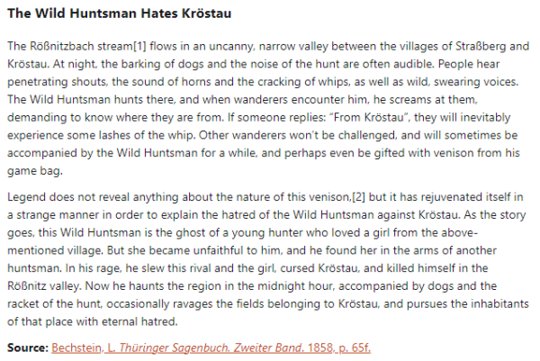 German folk tale "The Wild Huntsman Hates Kröstau". Drop me a line if you want a machine-readable transcript!