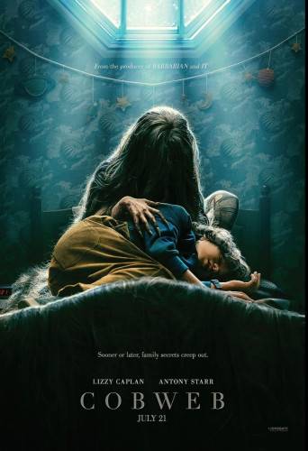Poster for the movie COBWEB: a boy is laying on a bed while a shadowy figure perches menacingly behind him with its arm touching the boy's side