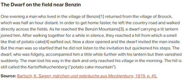 German folk tale "The Dwarf on the field near Benzin". Drop me a line if you want a machine-readable transcript!