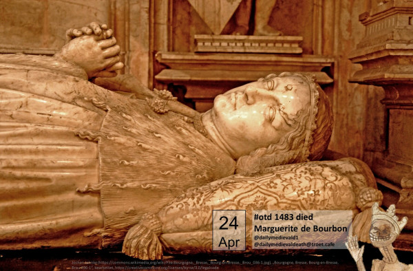 The picture shows the upper body of a female grave figure with her hands folded in front of her chest.