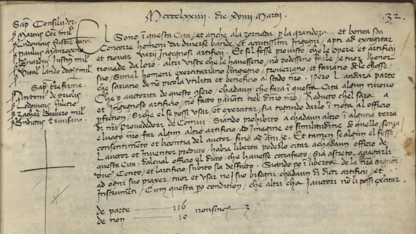 The original parchment with the text of the law, written down by the secretaries of the Pregadi (Senate) on March 19th, 1474.