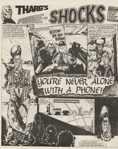 The first page of the stand-alone story "You're Never Alone With A Phone!", concerning the history of human communications, by Neil Gaiman for the occasional Tharg's Future-Shocks series in Prog 488 of 2000AD from September 1986.