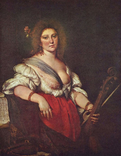 A painted portrait believed to be of Barbara Strozzi. She shands with fuzzy unkempt hair, an open gown with exposed breasts, and holds the next of a stringed instrument. Off to the side, there is sheet music draped on a table. She looks straight at the viewer.