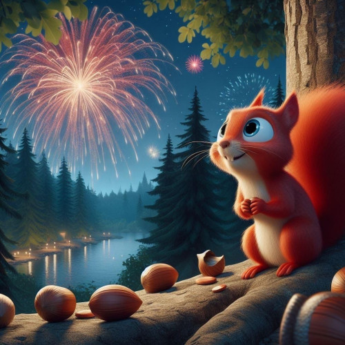 picture an AI rendition of a cartoon squirrel in a woodland scene with a lake to the bottom left. The squirrel watches with glee as fireworks go off celebrating New Year ! 