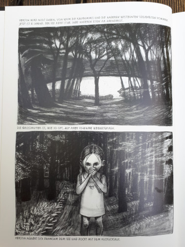Seite 18 aus dem Buch "Genossin Kuckuck". Es sind zwei Schwarzweißzeichnungen, die die düstere Stimmung des gesamten Buches wiedergeben. Oben ein See im Wald. Unten ein Mädchen im Wald mit Händen vor ihrem Mund.