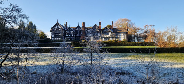 A wintery view of Bramall Hall.