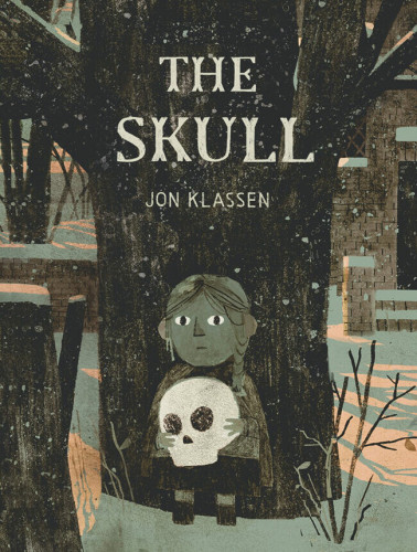 Book cover of a small girl holding a skull while standing in front of a tree trunk. It’s snowing and there are more bare trees as well as a brick building behind her. The illustration is very textured.